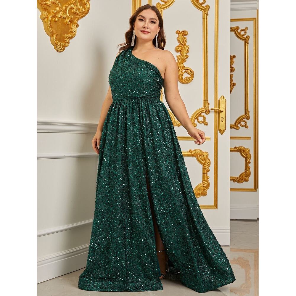Faeriesty Sequin One Shoulder A Line Maxi Dress Size 4X Green - Picture 2 of 9